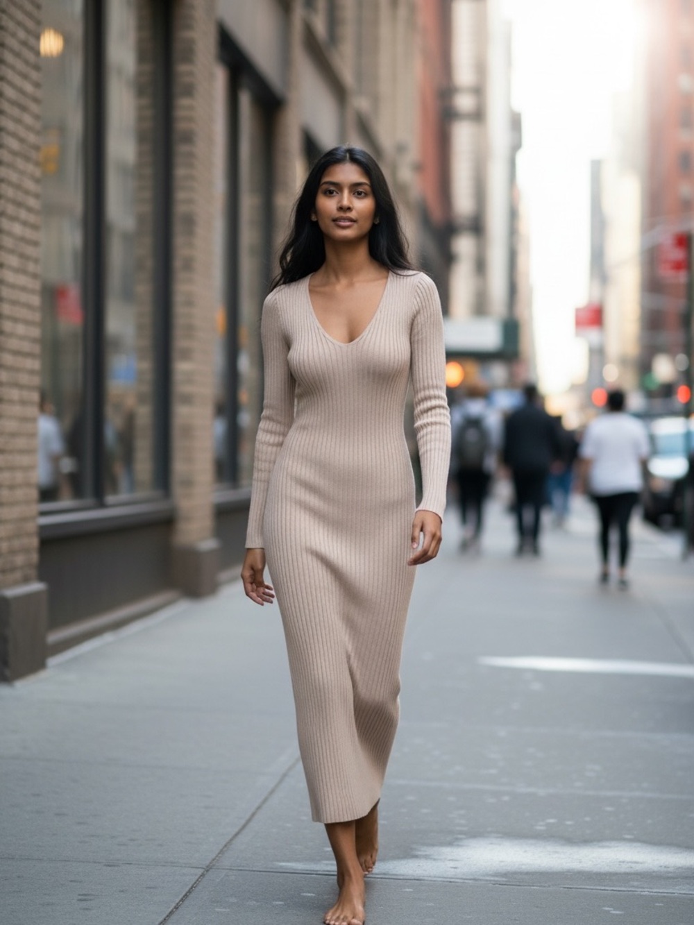 ILLA ILLA Beige Ribbed V-Neck Long Sleeve Maxi Dress - Picture 3 of 5